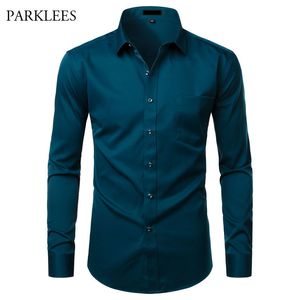 Fast färg bambu fiber mens klänning skjorta formella affärskjortor för män med pocket knapp upp bekvämt mjuk kemise homme 210524
