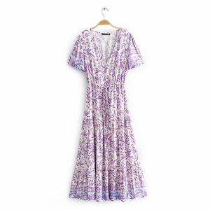 Sweet Women V Neck Draw Back Dress Summer Fashion Ladies Beach Style Cute Female Purple Floral A-line 210515