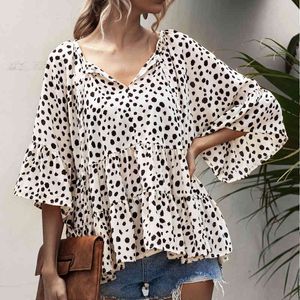 High Street Korean Fashion Clothing Shirt V-Neck Elegant Lös Ruffles Print Shirt Blouse Top Kvinnor Skjorta och Blusar 210514