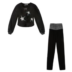 Kobiety V Neck Velvet Top Star Diamond Spodnie garniturowe Dwa kawałki Zestaw T0384 210514
