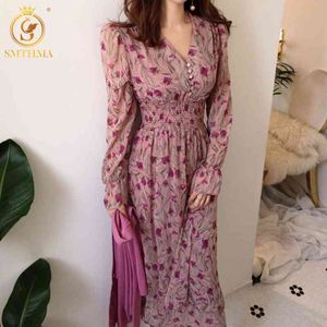 Elegant V-Neck Floral Printed Women Dress Long Sleeve Female Chiffon Vintage Midi es Vestidos 210520