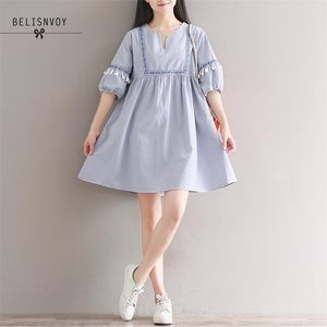 Mori Girl Summer Women Cute Mini Dress V-Neck Casual Luźne Vestidos de Festa Krótki Rękaw Bawełniany Linen Dres z Tassel 210520