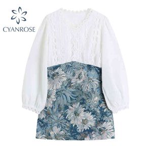女性のスプライスされた花のシャツのドレス韓国のヴィンテージのエレガントな長袖作物ドレスオフィスレディースの気質シックな印刷vestidos 210417