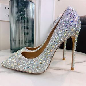 Summer Style Sexig Lady Fashion Women Shoes Crystal Strass Pointy Toe Stiletto Stripper High Heels Bruden Wedding Pumps 12cm Dress