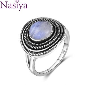 Кластерные кольца 8 мм круглые натуральные лунные камни женский S925 Серебряное кольцо стерлингового кольца Оптовое винтажное стиль