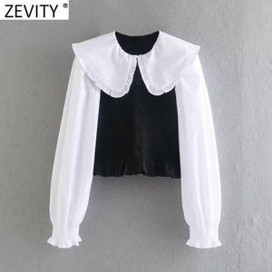 Zevidade Mulheres Vintage Agaric Lace Peter Pan Collar Patchwork Elastic Slim Smock Blusa Feminino Camisa Curta Chic Blusas Tops LS9037 210603