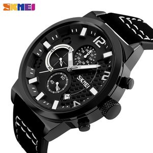 Skmei Stereo Dial Design Men Watch Date Time Quartz Mens Wristwatches Stopwatch Leather Strap Watches Relogio Masculino 9149 Q0524