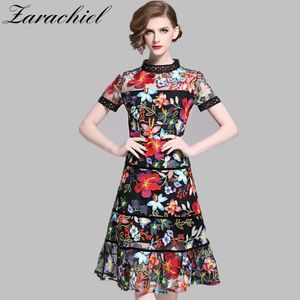 Summer Women Brand Designer Mesh Floral Embroidery Dresses Short Sleeve Patchwork Hollow Out Slim Ruffles Fishtail Dress 210416
