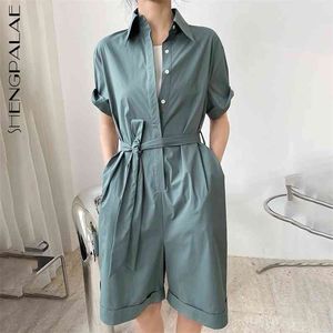 Simple Green Jumpsuit Women's Summer Lapel Loose Single Breasted Lace Up Waist Short Sleeve Jumpsuits 5E132 210427
