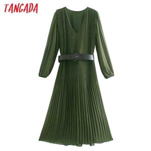Tangada Moda Kobiety Zielone Kropki Druku Plisowana Szyfonowa Sukienka Z Pasem Z Długim Rękawem High Street Darme Midi Dress CE121 210609