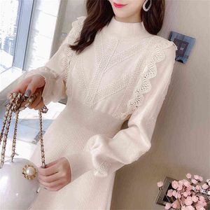 Half Turtleneck Knit Dress 2021 Autumn Winter Long Sleeve Lace edge A-line Dress Women Elegant Long Sweater Dress Vestido H304 G1214