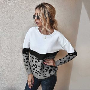Autumn Winter Fashion Leopard Knitted Sweater Women Casual O-neck Full Sleeve Pullovers Top 210714
