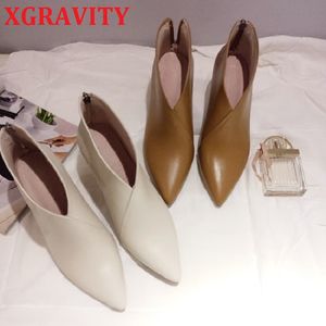 Xgravity V تصميم أشار تو أحذية رياضية أنيقة المرأة جلد طبيعي كعب أحذية أزياء السيدات الأحذية قصيرة الكاحل التمهيد