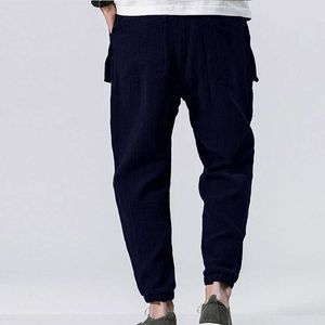 2020 New Men's Summer Cotton Linen Harem Pants Elastic Waist Ankle-Length Skinny Thin Trousers Breathable Casual Hip Hop Pants X0723