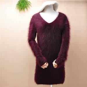 Ladies Women Fashion Wine Fuzzy Mink Cashmere Knitted Long Sleeves V-neck Slim Pullover Angora Fur Winter Sweater Dress Women's Sweat Sweate