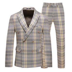Latest Designs Double Breasted Men Suit Coat Vest Pants THREE Pieces Cenne Des Graoom Slim Fit Khaki Casual Plaid Suits Men's & Blazers