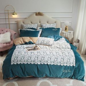 Bettwäsche-Sets Luxus Winter Blau Rosa Gelb Fleece Stoff Weiße Spitze Stickerei Mädchen Set Samt Bettbezug Kissenbezüge Bettlaken