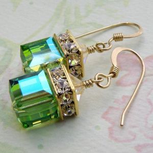 European And American Gold-plated Natural Green Cube Olivine Drop Earrings Jewelry Metal Square Trendy Hoop & Huggie