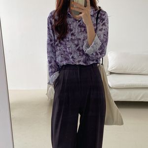 Lila Tie-färgad Lazy Style Loose Chic Gentle Casual Printed Fritid Alla Match Sunscreen Full Sleeves Kvinnor SHIRTS 210421