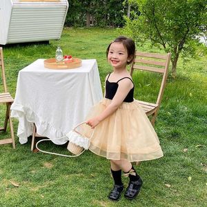 Mädchen koreanischen Stil lose Patchwork Mesh Prinzessin Kleider Sommer Kinder Hosenträger Partykleid 210615