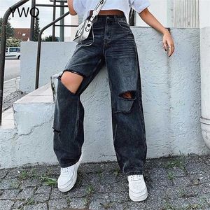 Rasgado mulheres jeans largo perna longa calças de carga senhoras namorado preto jeans cintura alta vintage coreano senhora calças folhetos 211111
