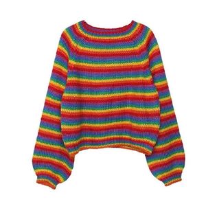 Koreański Rainbow Sweter Dzianiny Kobiety Runway Bugers Luźne Odzież damska Jesień Plus Size Casual Kobiet Top Pulowers 210914