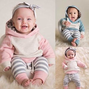 2019 höst nyfödd baby flicka pojke kläder långärmad stripe hooded toppar + byxor + hatt 3pcs set super söta baby kläder kläder g1023