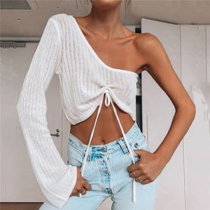 Sexig Drawstring Off Shoulder Kvinnors Stickning Sweater Single Sleeve Vit Pullover Toppar Sommar 210430