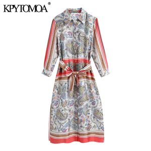 Women Fashion With Belt Paisley Print Midi Shirt Dress Vintage Three Quarter Sleeve Button-up Female Dresses Mujer 210416