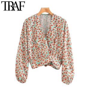 Traf Women Fashion Floral Print Loose Croped Wrap Bluses Vintage Long Sleeve Back Bow bundna kvinnliga skjortor Chic Topps 210415