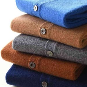 Jesień Wool Wool Cardigan Mężczyzna Casual Solidne Grube Dzianiny Mężczyźni Przyciski Moda Sweter Home Odzież Płaszcze 210812