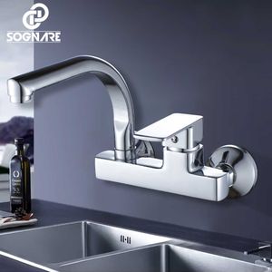 SOGNARE Wall Mounted Kitchen Faucet Single Handle Kitchen Mixer Taps Dual Holes and Cold Water Tap 360 Degree Rotation D2203 210724