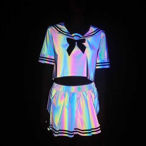 Sommar 2 Piece Kjol Färgglada Reflekterande Sailor Suit Kvinna T-shirt Pläterad Glänsande 210531