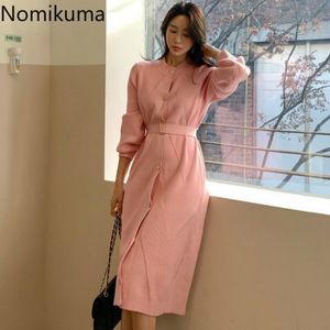 Nomikuma Women Single Breasted Sweater Dress Long Sleeve Sashes Slim Waist Knitted Dresses Autumn Slim Chic Vestidos 6C308 210427