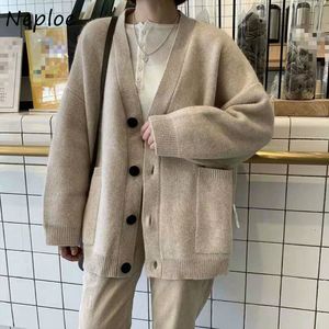 Neploe Knitted Sweater Women Solid Color V Neck Long Sleeve Cardigan Vintage Harajuku Casual Loose Tops Fashion New 1E794 210423