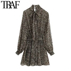 Traf Women Chic Fashion with Belt Animal Print Mini Dress Vintage Lantern Sleeve Elastic Waist Female Dresses Mujer 210415