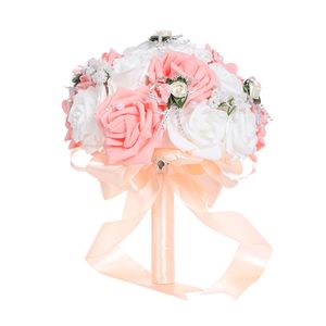 Różowy Sztuczny Bukiet Bridal Bride Wedding Flowers Wstążka Rękojeść Romantyczny Buque De Noiva 6 Kolory W5581