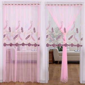 Feather Pink Flower Embroidered Wear Curtain Window Valance Lace Hem Coffee Curtain for Kitchen Cabinet Door Anti-mosquito F0411 210420