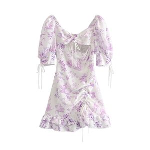 Stylowy Chic Purple Floral Print Lace-Up Cuff Mini Dress Eleganckie Kobiety Sexy Backless Bez Ramiączek Dresses Casual Vestidos 210531