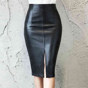 Women PU Leather Midi Skirt Autumn Winter Ladies Package Hip Front or Back Slit Pencil Skirt Plus Size 210518