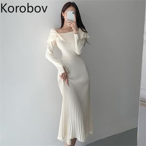 Korobov Vintage Biuro Lady Eleganckie Kobiety Sukienka Knitwear Koreański Off Ramię Z Długim Rękawem Knit Vestidos Nowe sukienki liniowe 210430