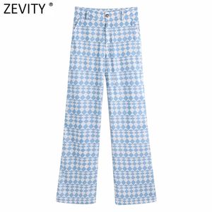 Women Vintage Blue Geometric Print Straight Pants Office Ladies Zipper Fly Chic Business Casual Long Trousers P1031 210420
