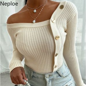 Neploe Sexy Slash Neck Knitwear Pulôveres Chic Single Breasted Knit Sweaters Mulheres Off Ombro Moda Slim Jumper Tops Sueter 210422