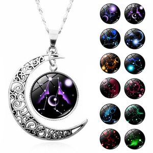 12 Constellations Moon Necklace Jewelry for Women Men Fashion Zodiac Gemstone Pendant Necklaces Party Favors