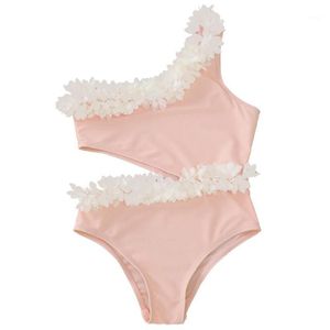 Kvinnors badkläder Flickor Rosa Unilateral One Shoulder Baddräkt Kid Baby Beach Bathwear Bikini Set Swimming Bad Suit 2021