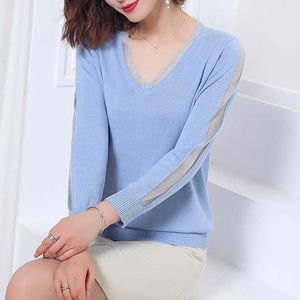 black white Autumn Winter Sweater Women solid Knitted Sweater Pullovers long sleeve tops Wave Lace V-neck Basic office 210604