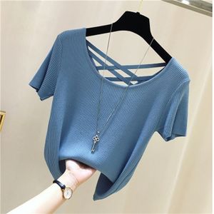 Koreansk version o Collar Backless Ice Silk Sweater Kvinnors Tunna Pullover Sommar Kortärmad 210507