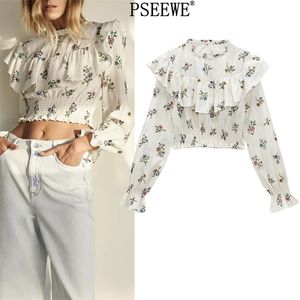 Floral Print Crop Top Women Spring Ruffle Long Sleeve Chic Woman Blouse Fahion Elastic Hem Beautiful Blouses 210519