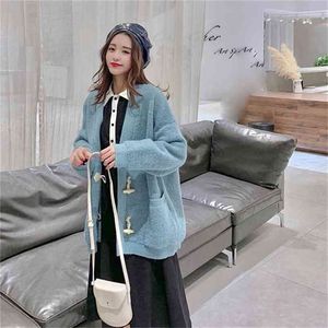 Lamb Wool Autumn Style Loose Lazy Sweater Coat Female Horn Buckle Loop Velvet Solid Color Knitted Cardigan 210427