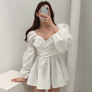 Koreanisches Tuch V-Ausschnitt Weiß Damenkleid Schlanke Taille Langarm Streetwear Bodycon Elegante Party Minikleider Weiblicher Frühling 210603